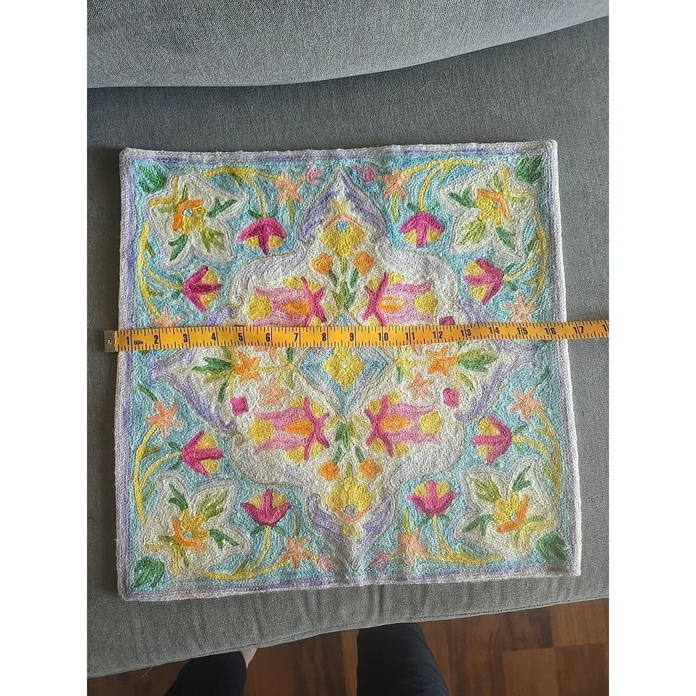 Hand Embroidered Throw Pillow Cushion Cover Wool on Cotton 16.5